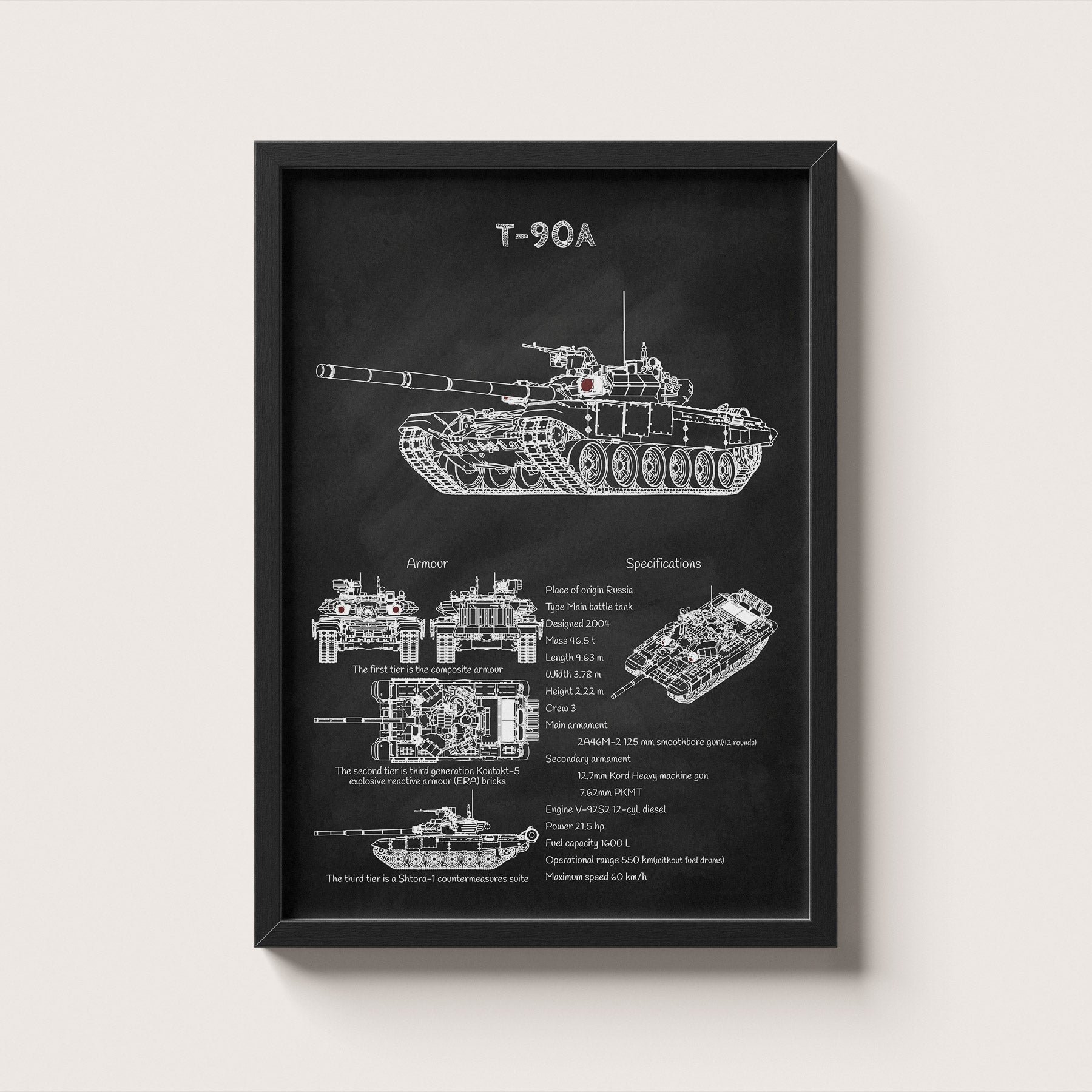 Framed T-90 tank blueprint poster hanging on wall – military wall art for home or office