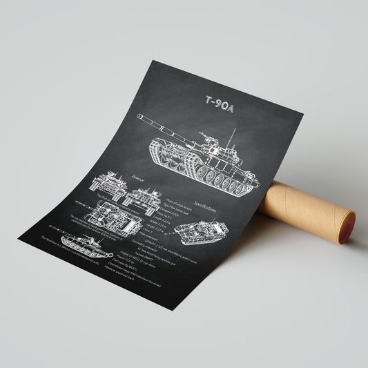 T-90 tank blueprint print leaning on shipping tube – ready to ship military poster