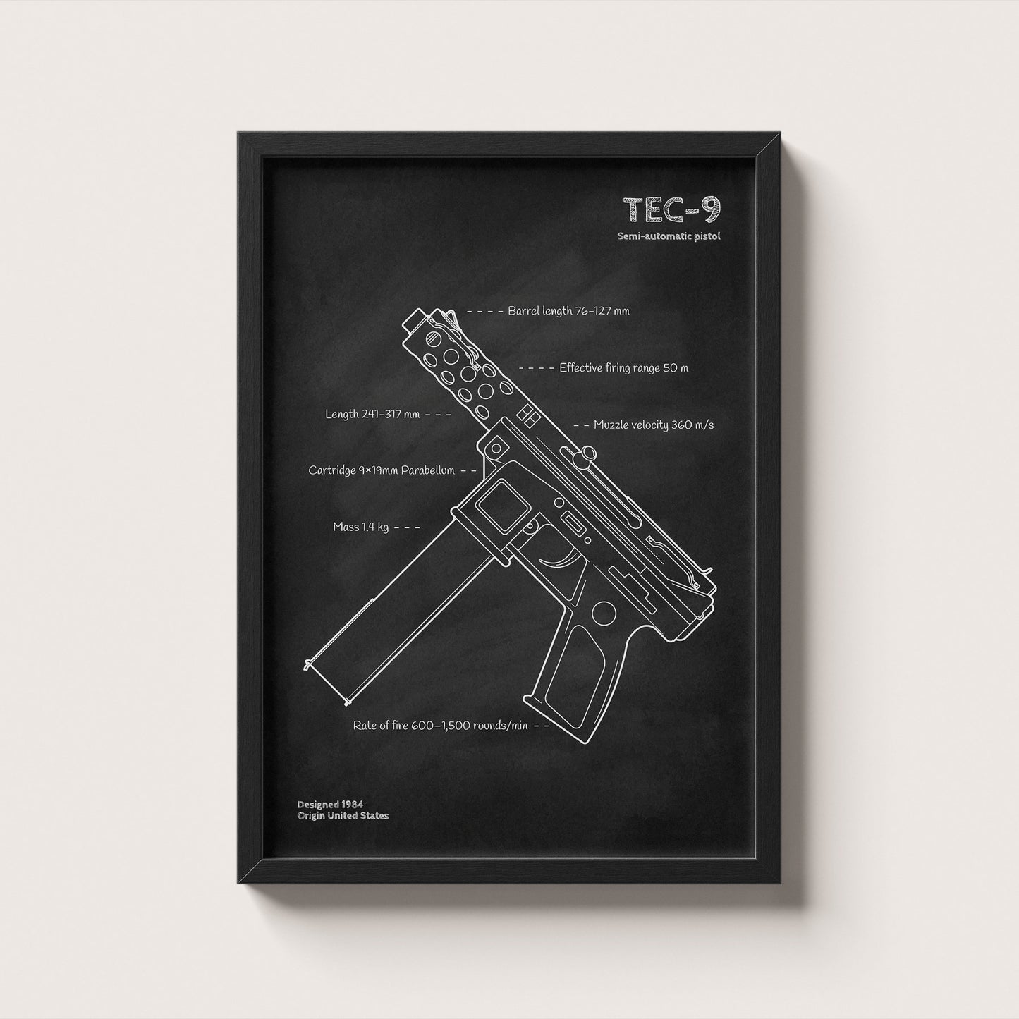 Framed artwork of a TEC-9 gun design on a black background