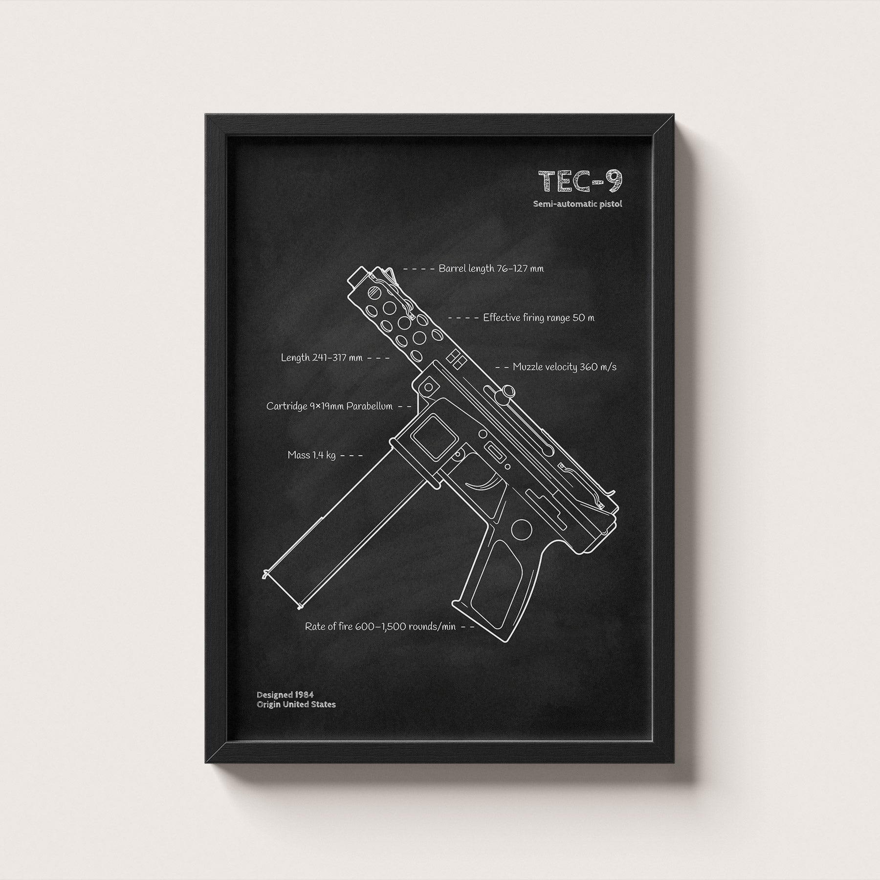 Framed artwork of a TEC-9 gun design on a black background