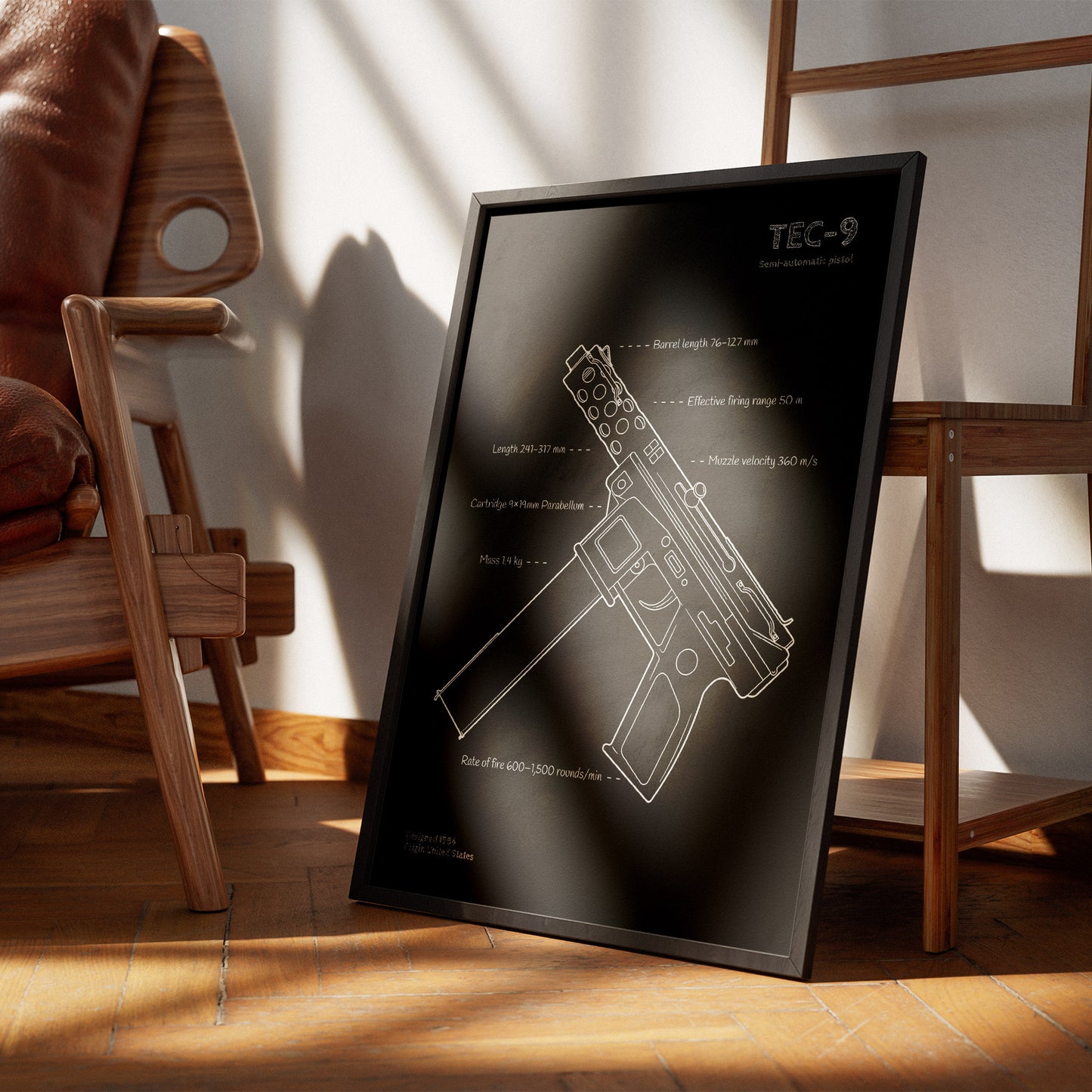 TEC-9 blueprint - firearm wall decor displayed next to chair