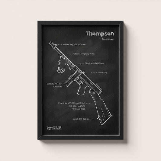 Framed thompson blueprint poster - minimalist firearm wall art hanging on wall