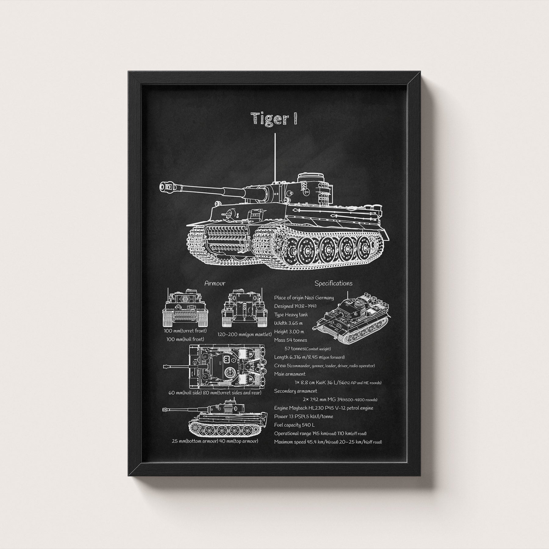Framed Tiger I tank blueprint poster hanging on wall – military wall art for home or office