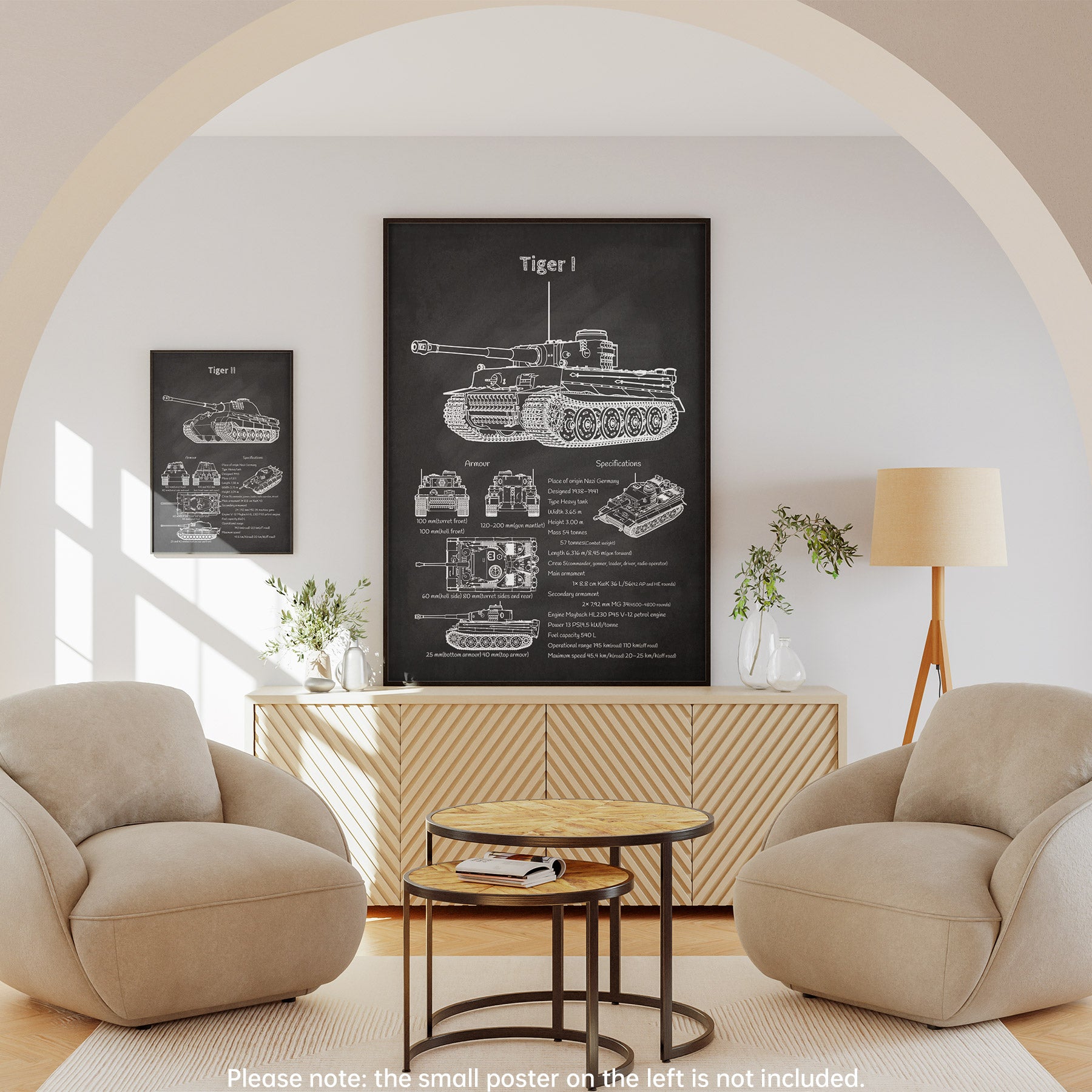 Framed Tiger I tank blueprint displayed in living room – military decor