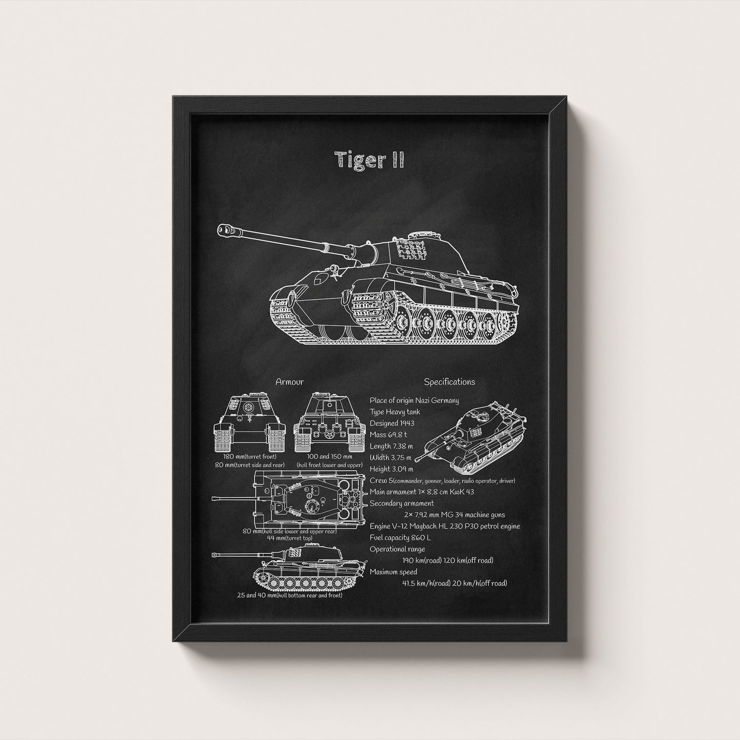 Framed King Tiger II tank blueprint poster hanging on wall – military wall art for home or office