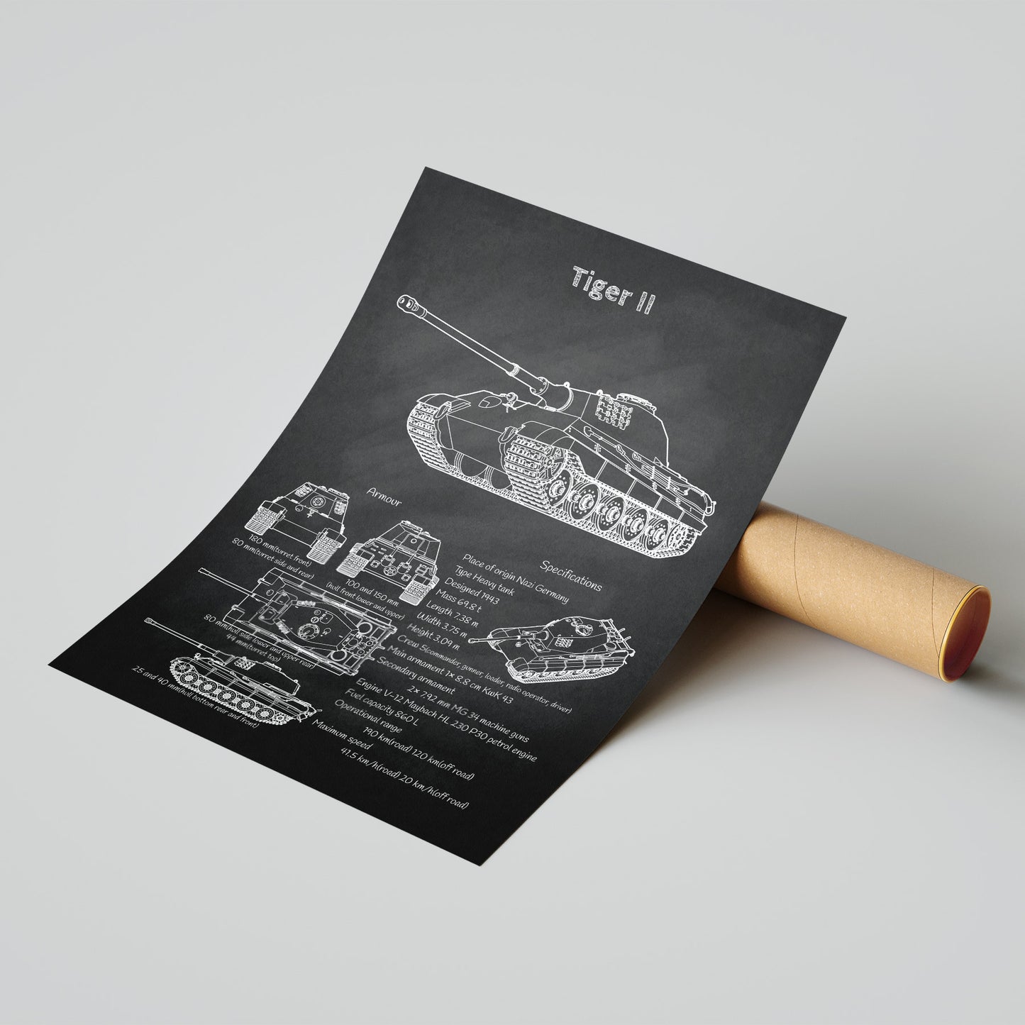 King Tiger II tank blueprint print leaning on shipping tube – ready to ship military poster