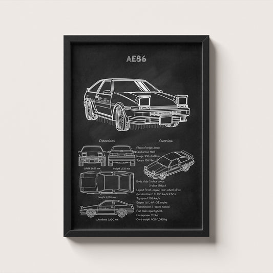 Framed Toyota AE86 blueprint poster hanging on wall – classic car engineering wall art