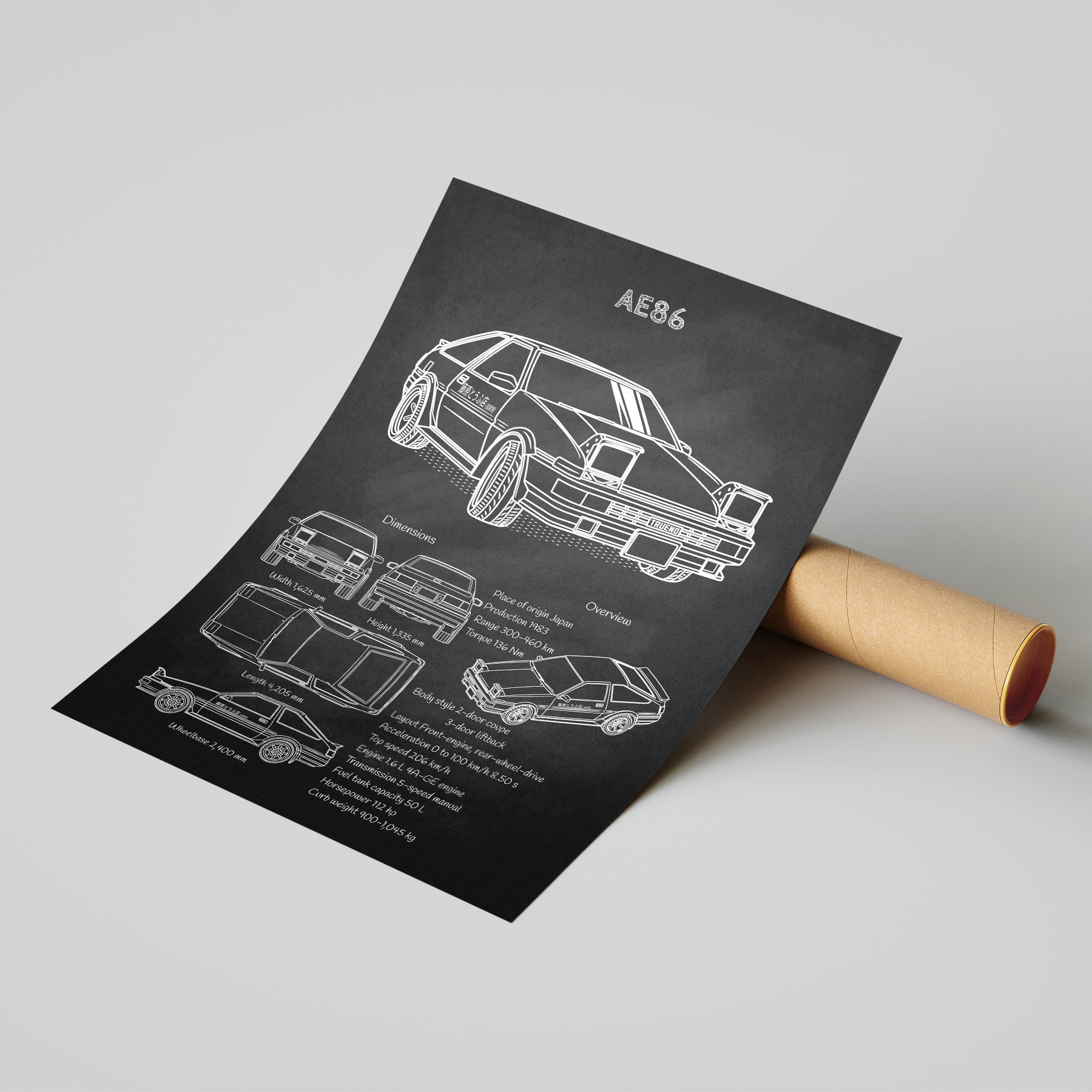 Toyota AE86 blueprint poster with mailing tube – ready-to-ship automotive wall decor