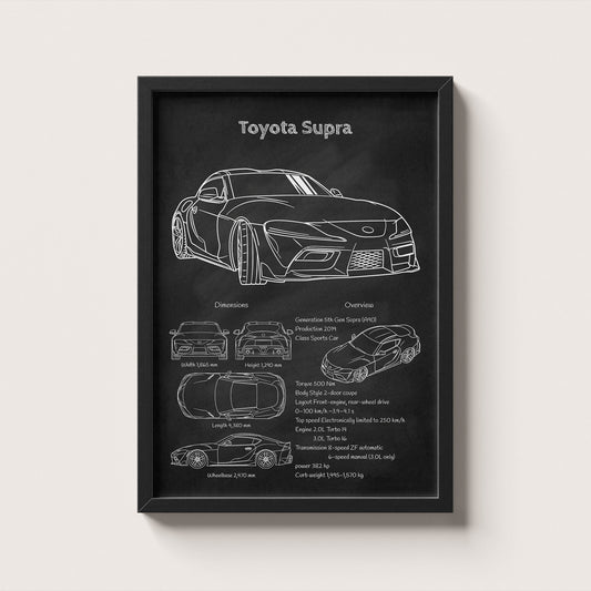 Framed Toyota GR Supra (A90) blueprint poster hanging on wall – classic car engineering wall art