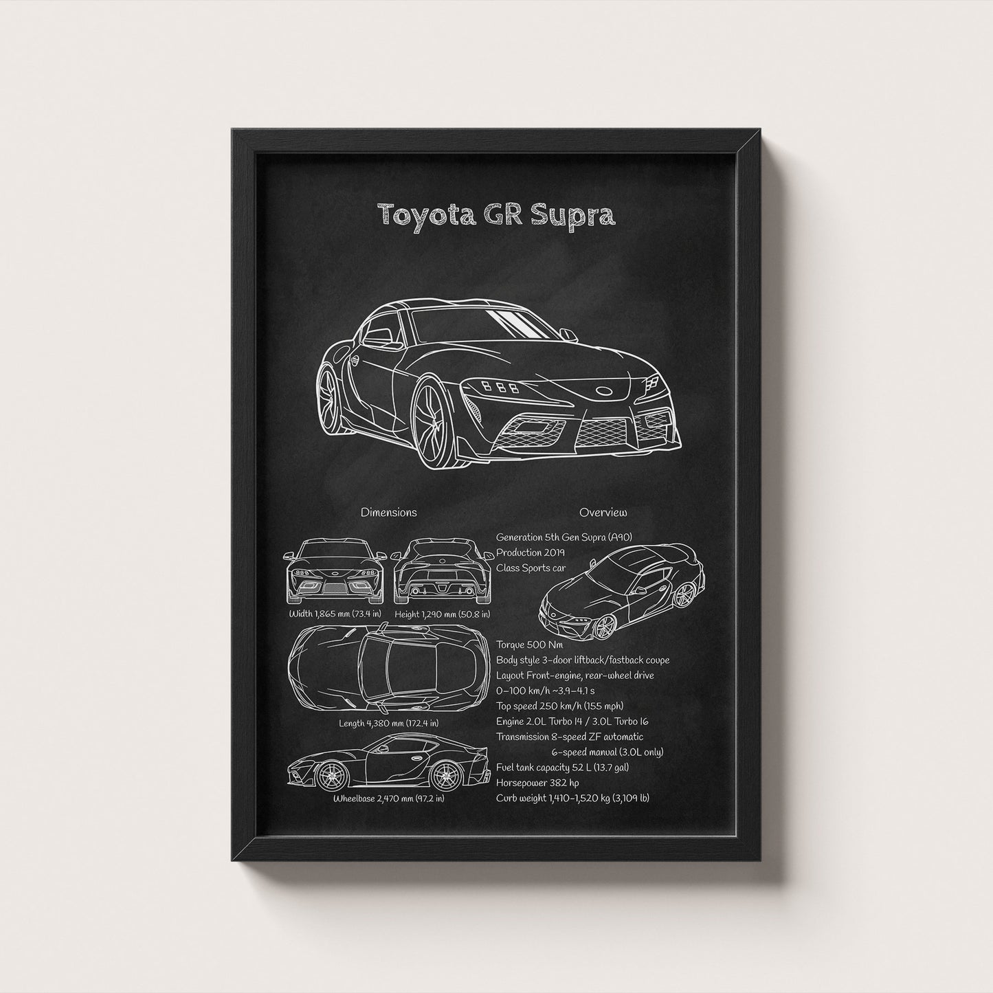 Framed poster of a Toyota GR Supra with technical drawings and specifications on a white background