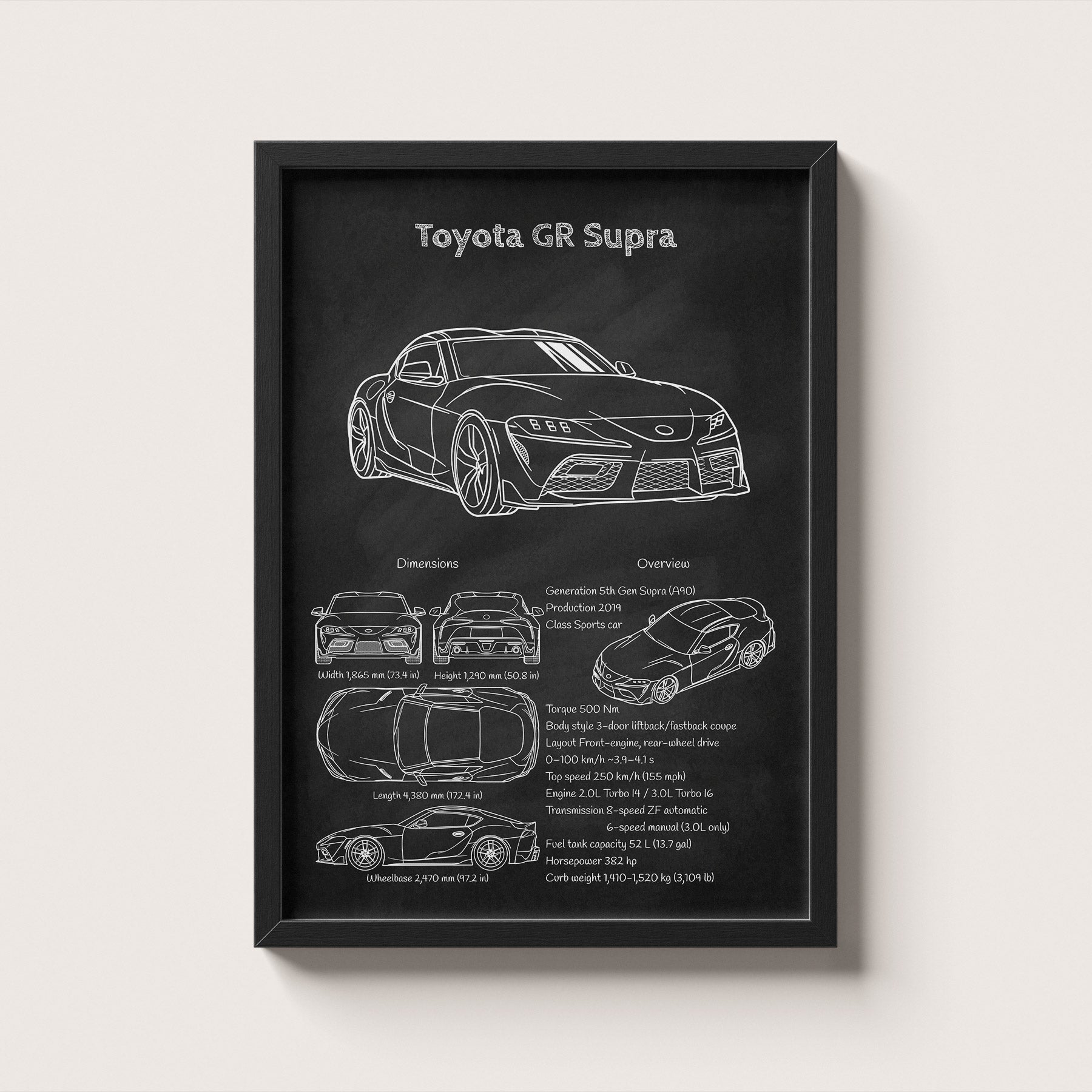 Framed poster of a Toyota GR Supra with technical drawings and specifications on a white background
