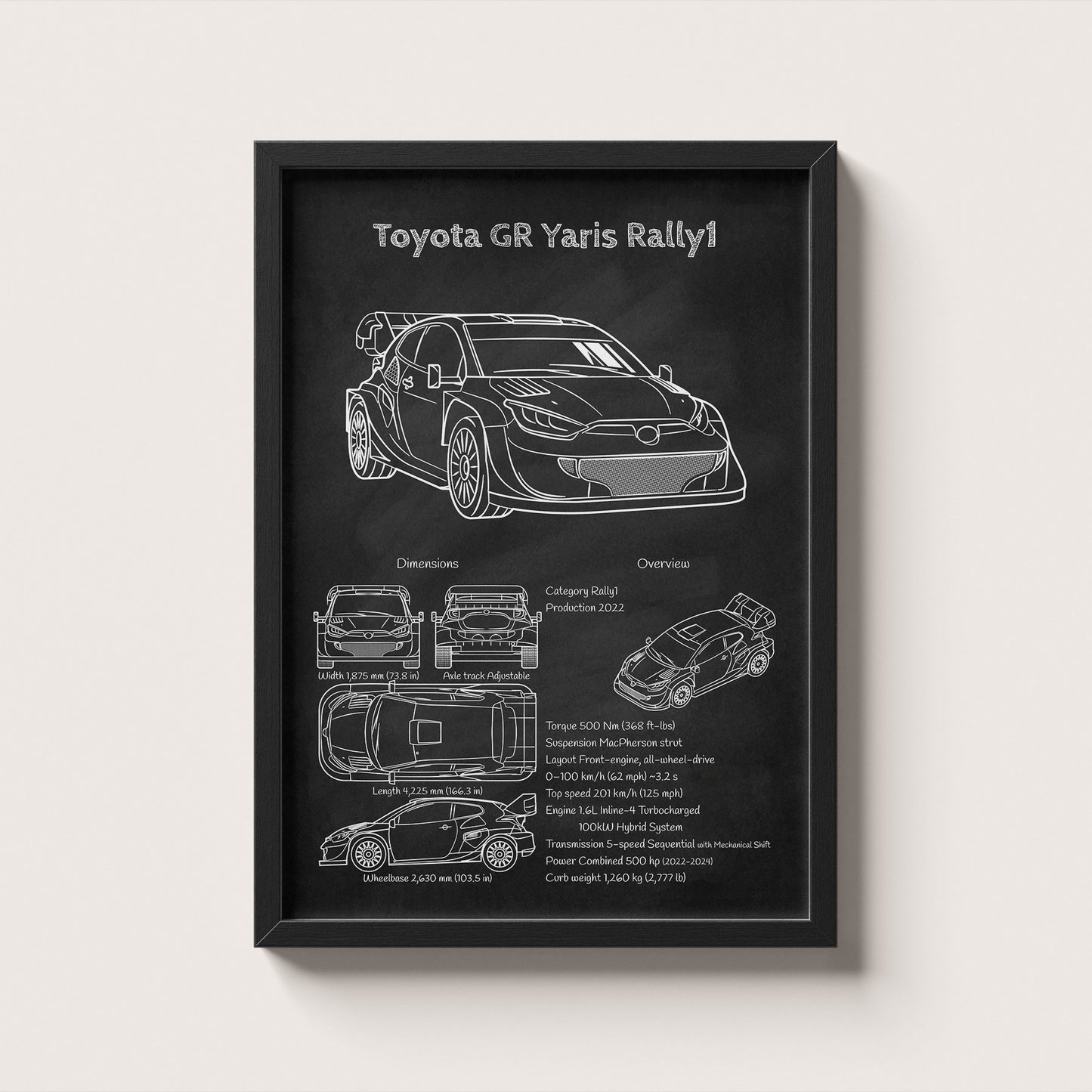 Framed poster of a Toyota GR Yaris Rally car design on a white background