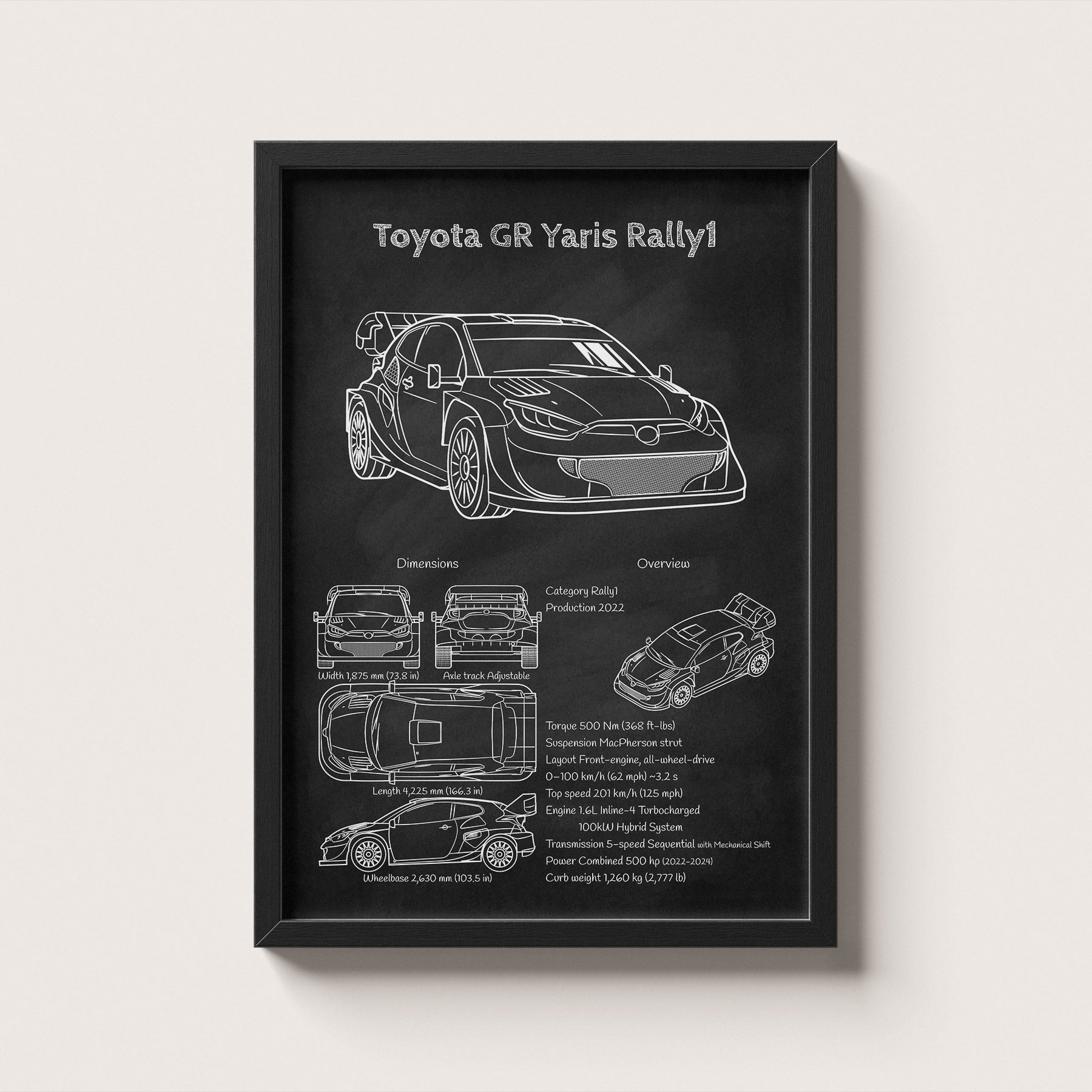 Framed poster of a Toyota GR Yaris Rally car design on a white background