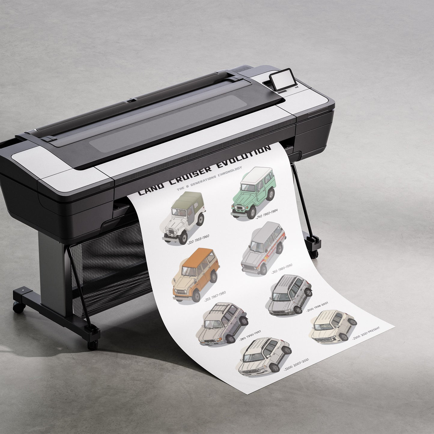 Large-format printer with a sheet of printed images of vehicles on a gray background