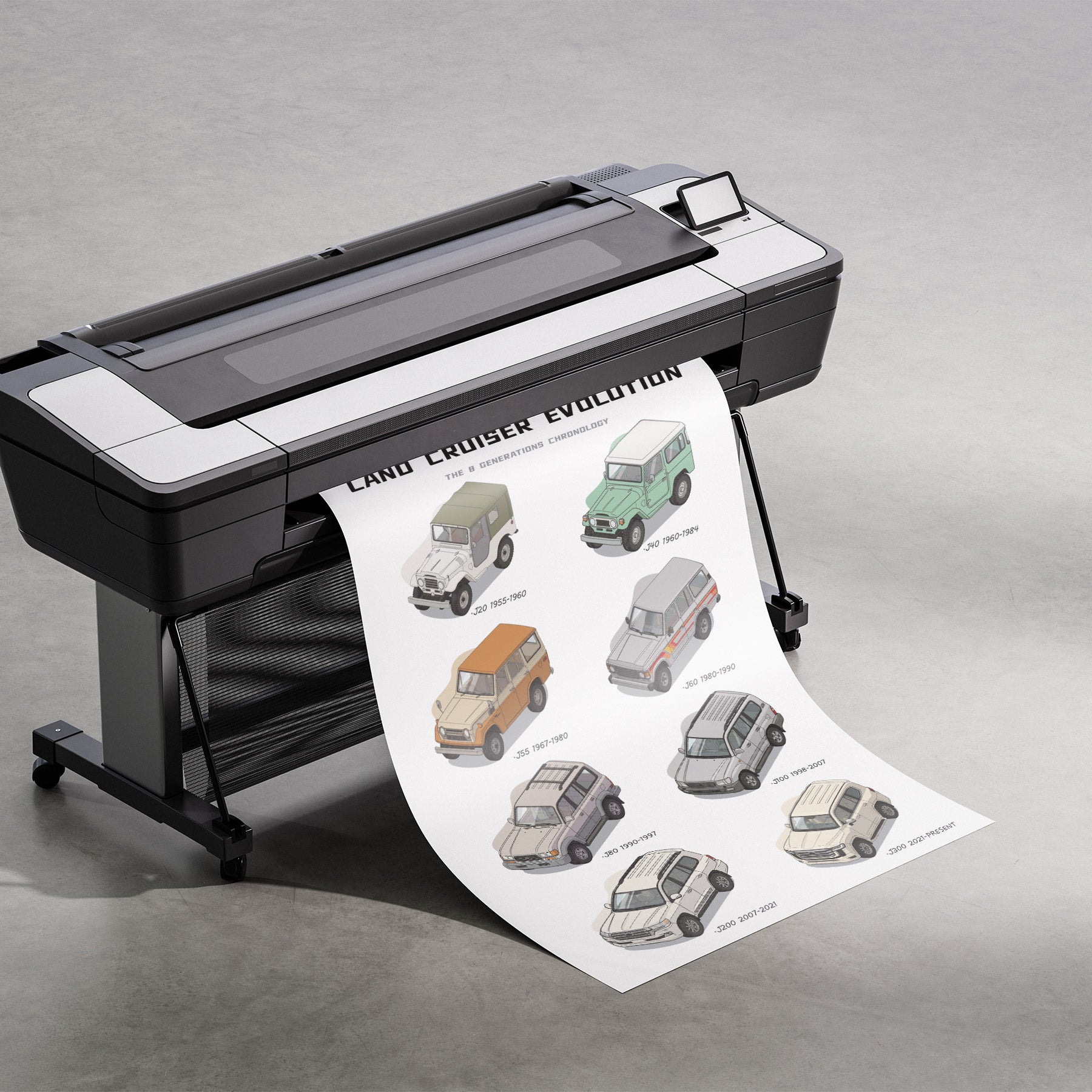 Large-format printer with a sheet of printed images of vehicles on a gray background