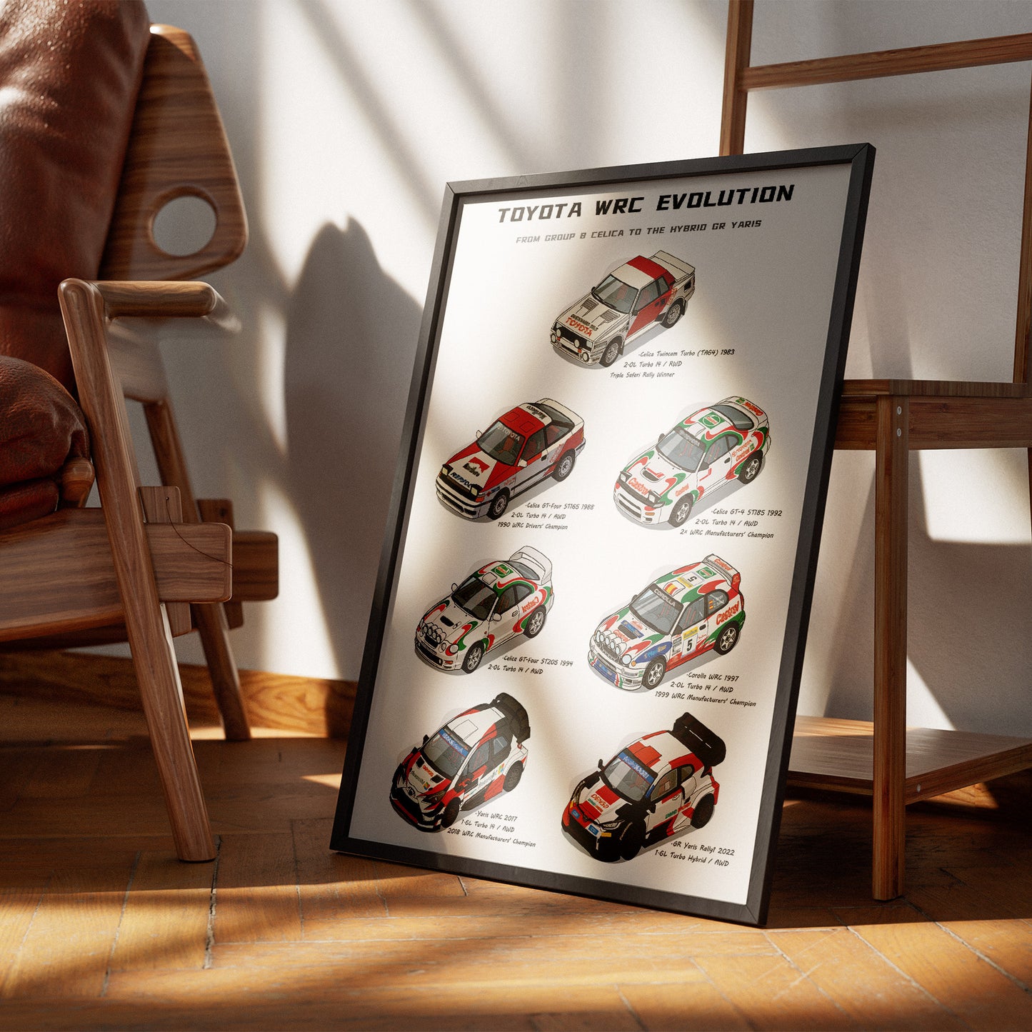 A framed vertical poster titled 'TOYOTA WRC EVOLUTION' leaning against a wooden chair on a wood floor, showing multiple vintage rally car illustrations with text and a black frame.
