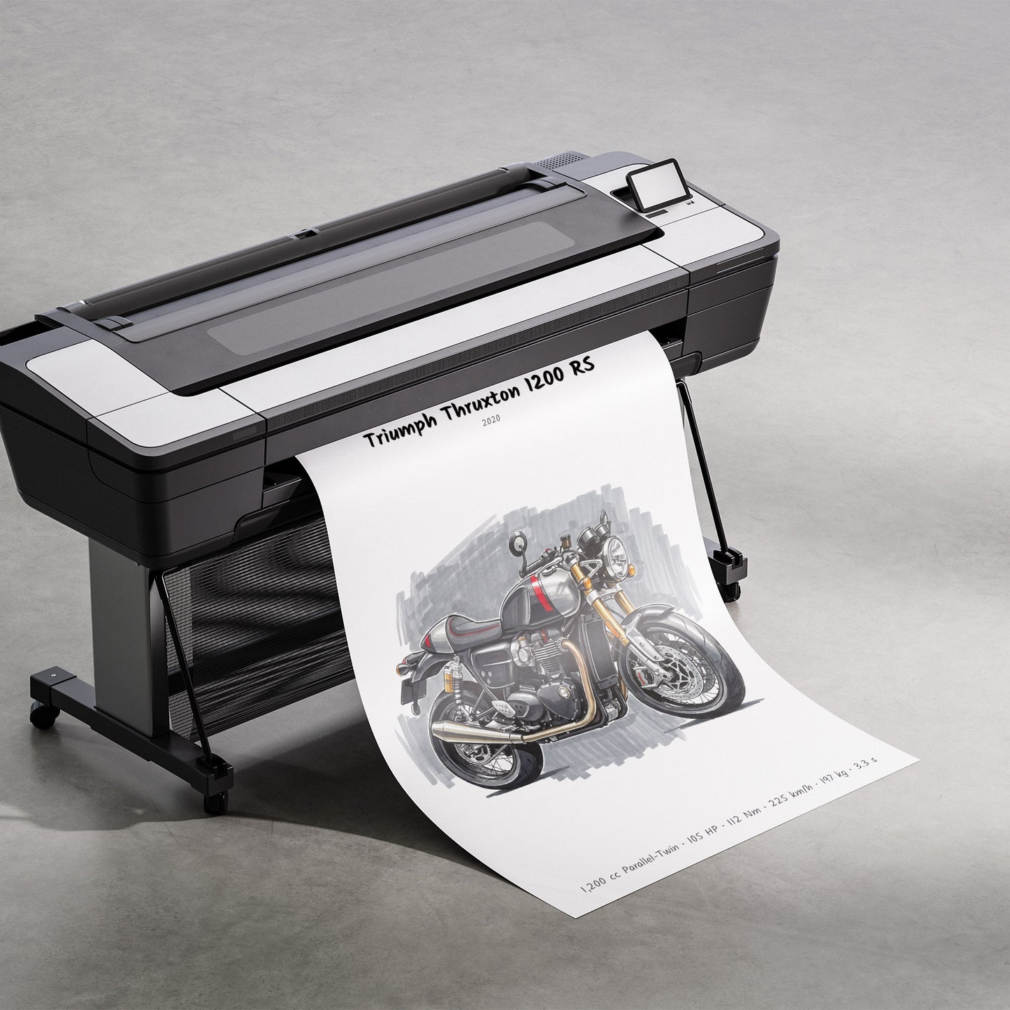 A large black and white wide-format printer on a stand, printing a detailed grayscale motorcycle illustration labeled 'Thruxton 1200 RS' onto a long sheet of paper.