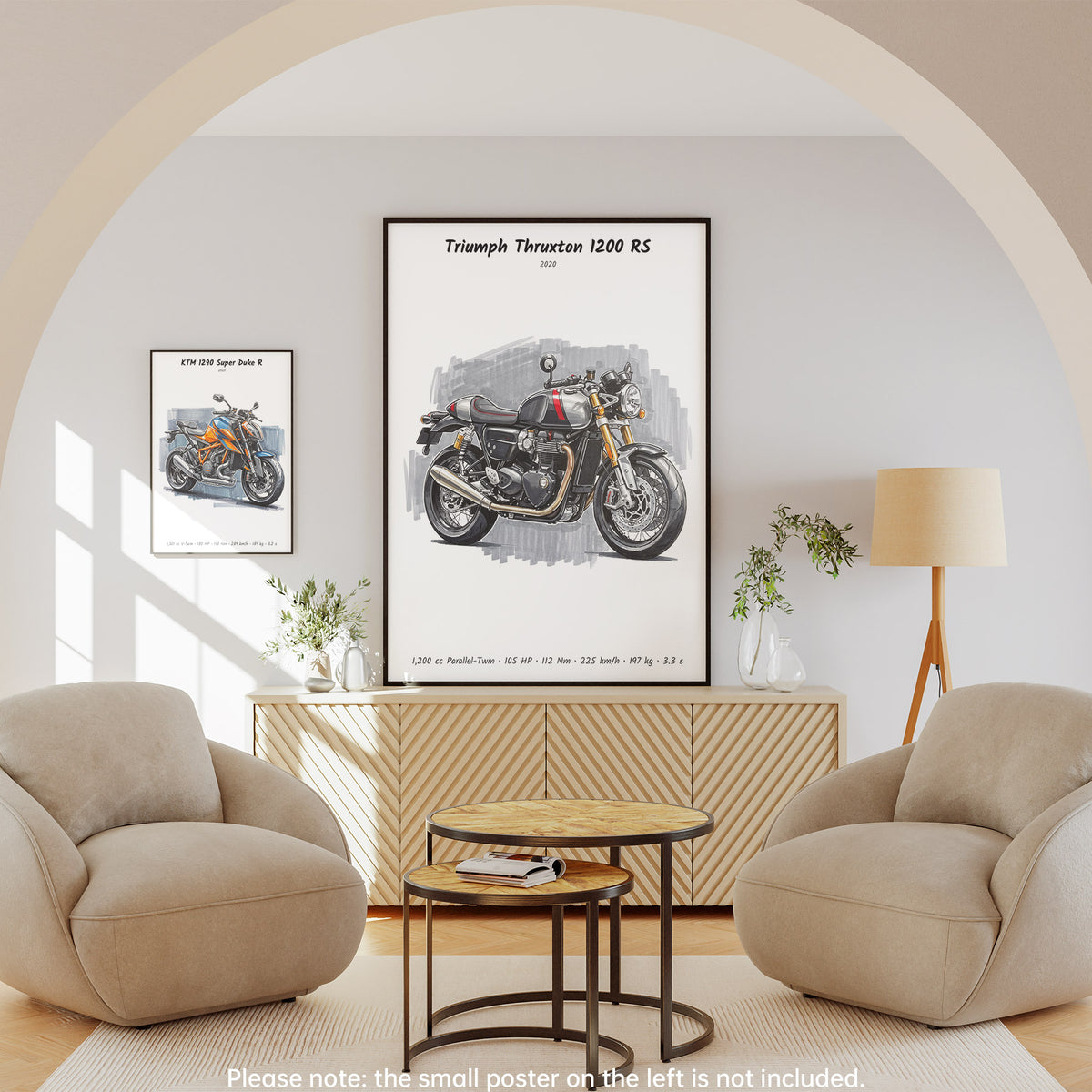 A framed motorcycle poster hangs on a wall in a modern living room setting with two beige armchairs, a wooden sideboard, and a floor lamp. The poster features a detailed illustration of a Triumph Thruxton 1200 RS motorcycle.