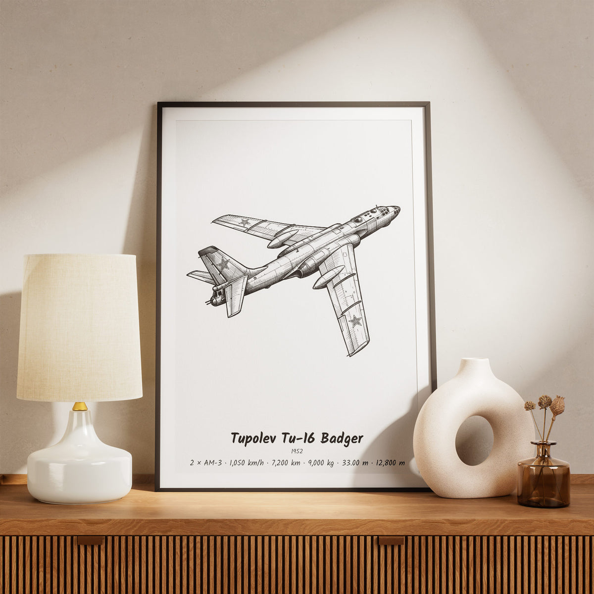 Framed Tupolev Tu-16 Badger Print on a Shelf