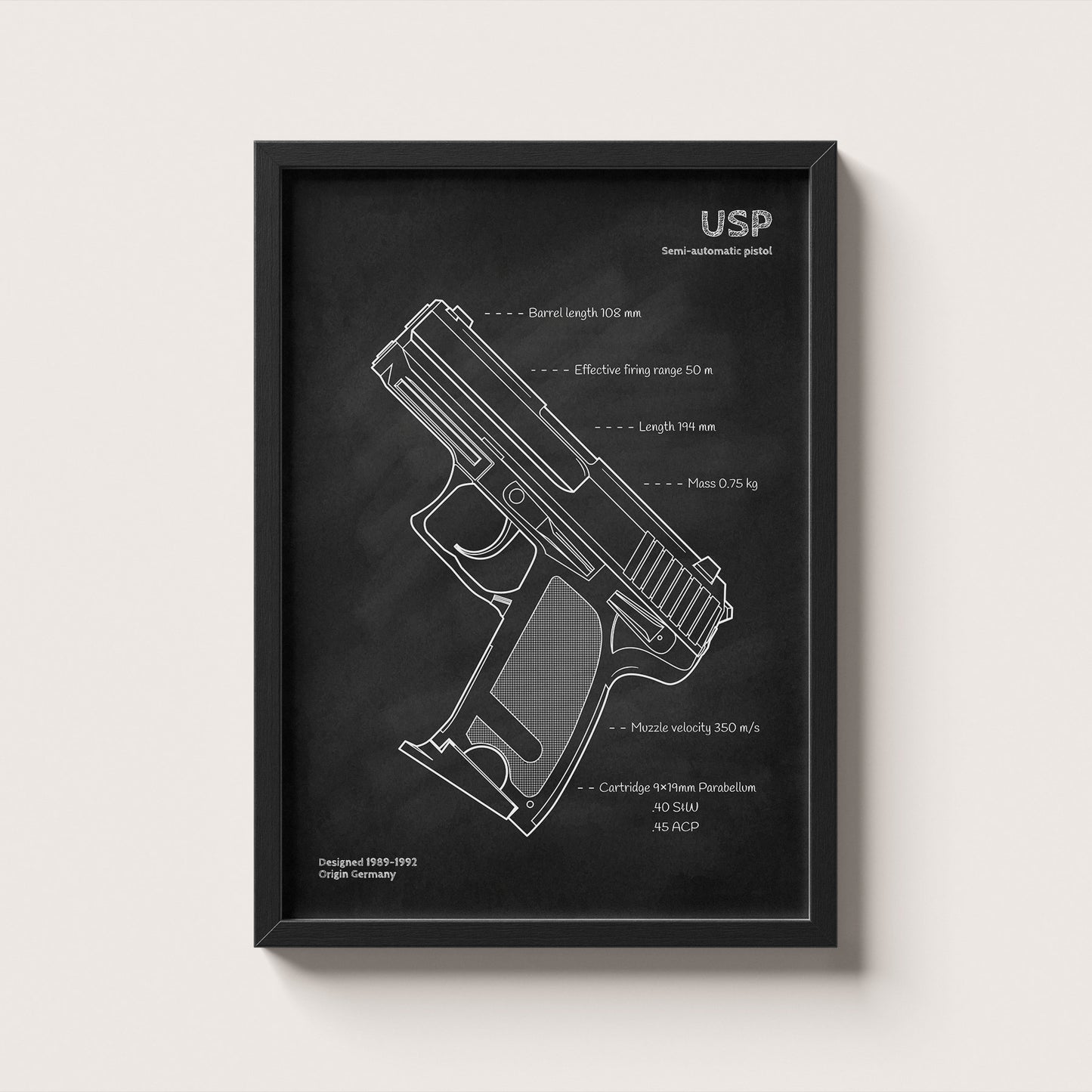 Framed diagram of a USP firearm on a white background