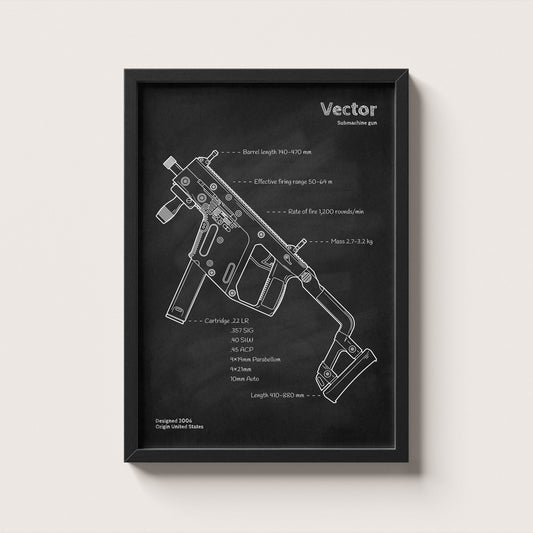 Framed Vector submachine gun blueprint poster - minimalist firearm wall art hanging on wall