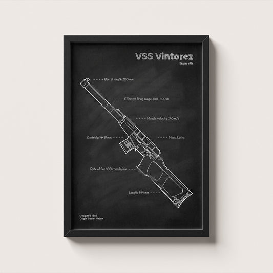 Framed diagram of a VSS Vintorez rifle on a white background