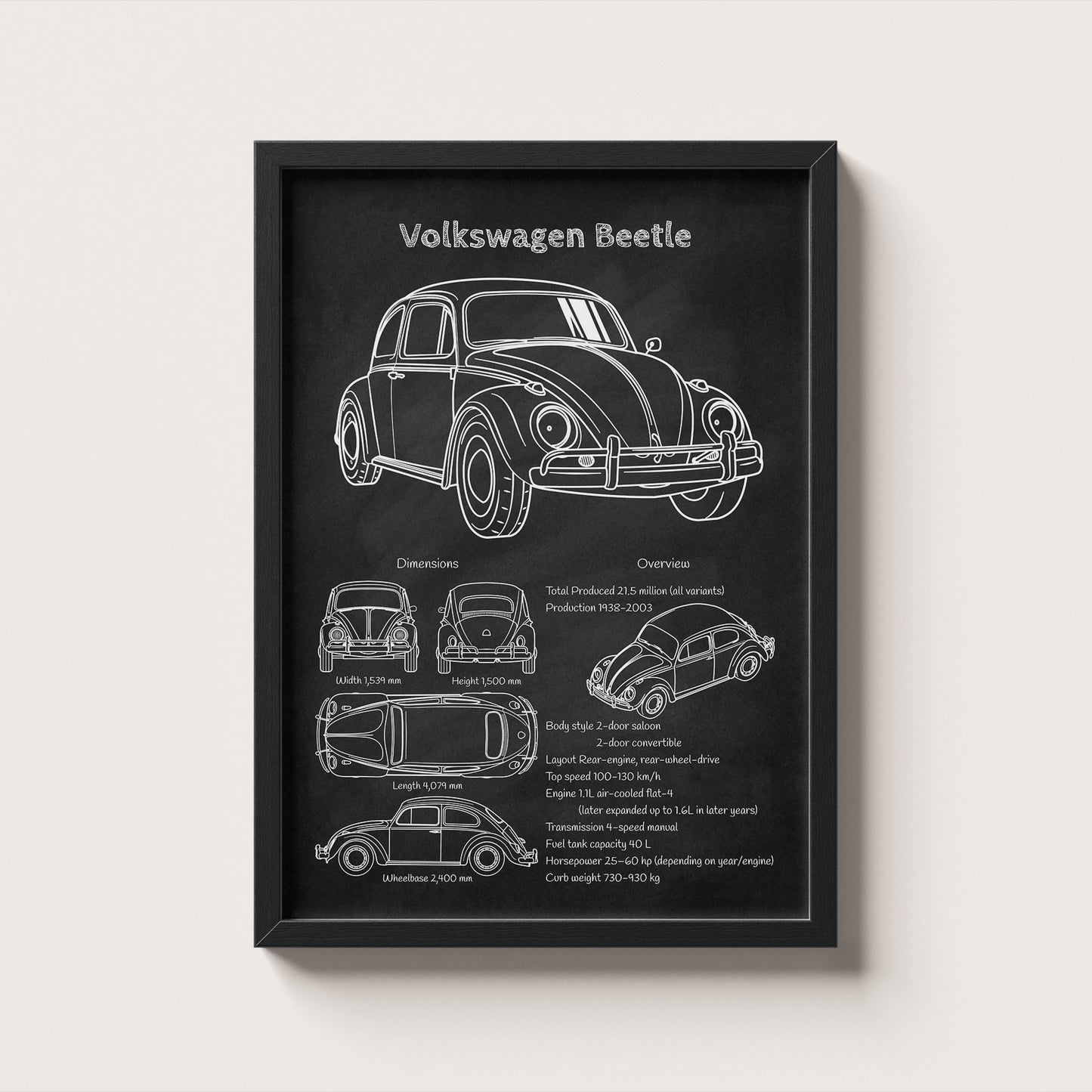 Framed artwork of a VW Beetle on a white background