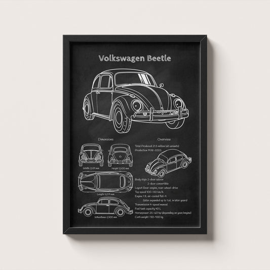 Framed artwork of a VW Beetle on a white background