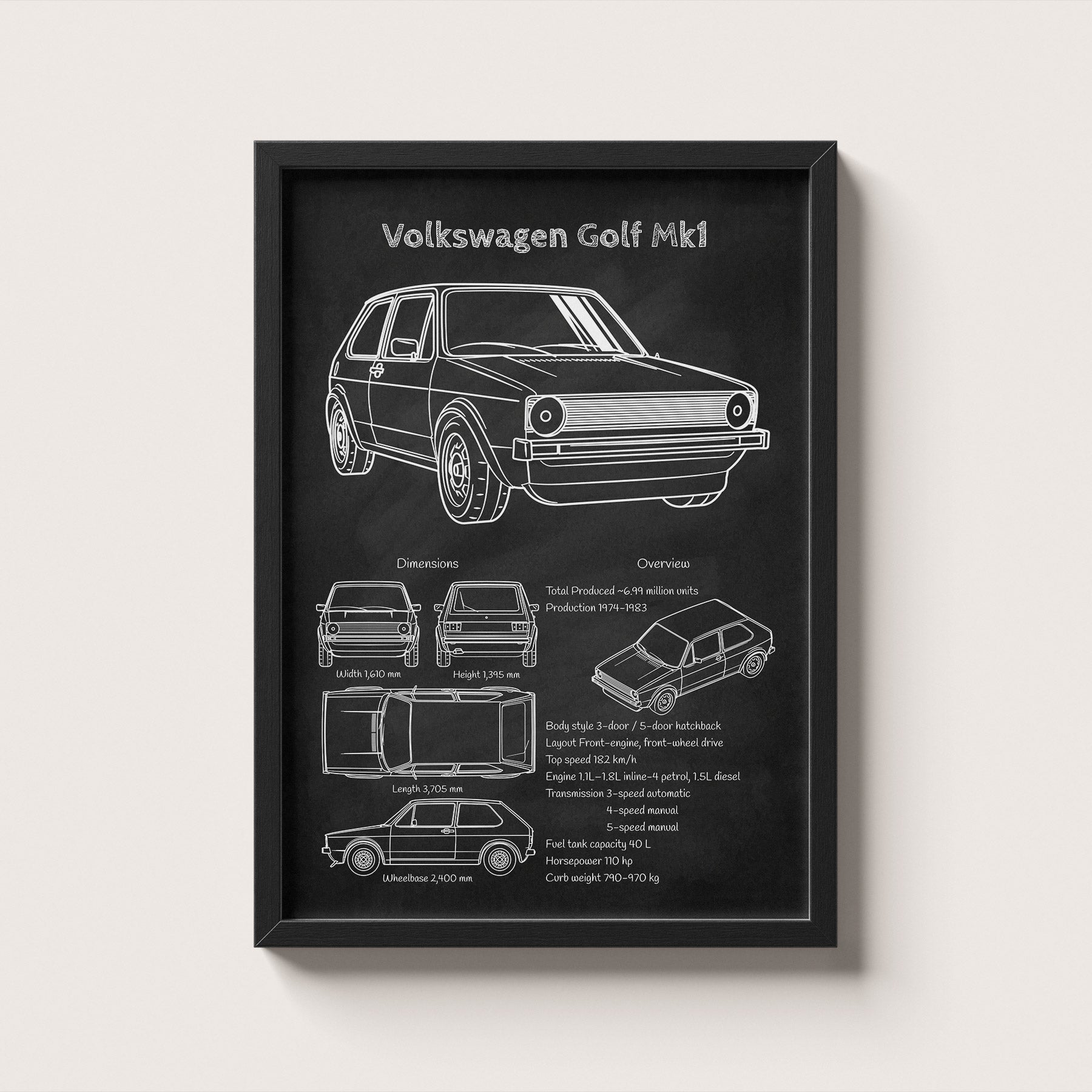 Framed VW Golf Mk1 blueprint poster hanging on wall – classic car engineering wall art