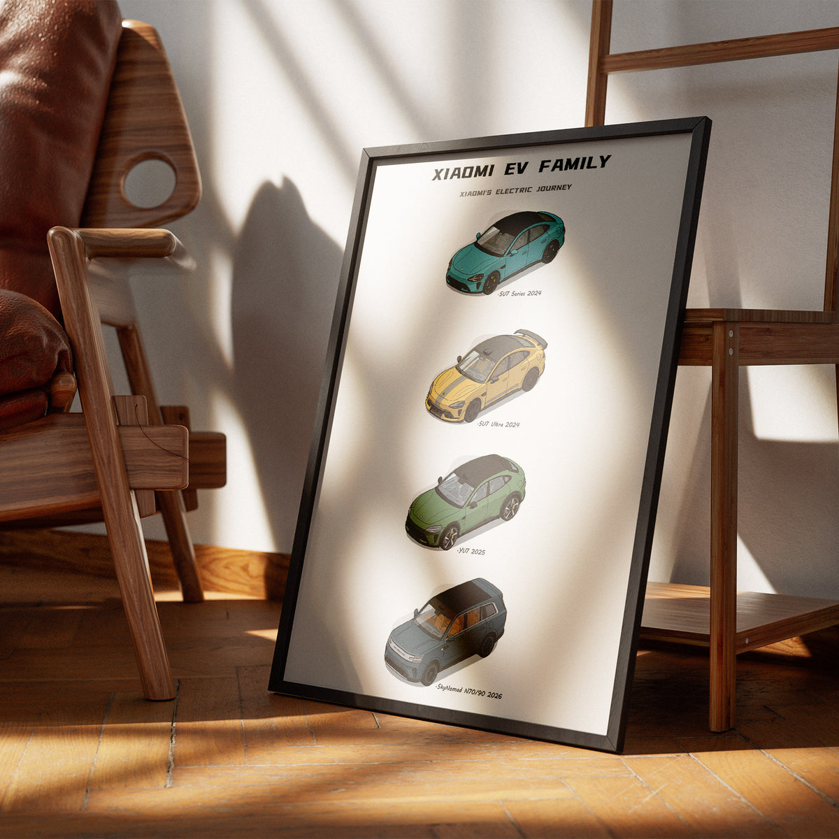 A framed vertical poster titled 'Xiaomi EV Family' leaning against a wall in a sunlit room. The poster shows four illustrated electric cars in teal, yellow, green, and dark gray, with small text beneath each.
