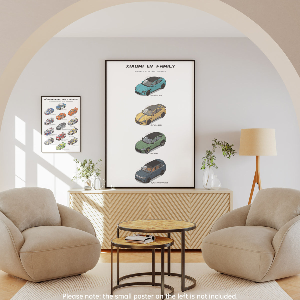 A framed vertical poster titled 'Xiaomi EV Family' hangs on a light gray wall in a modern living room with two beige armchairs, a wooden sideboard, a floor lamp, and a small round table. The poster shows illustrated electric cars in different colors.