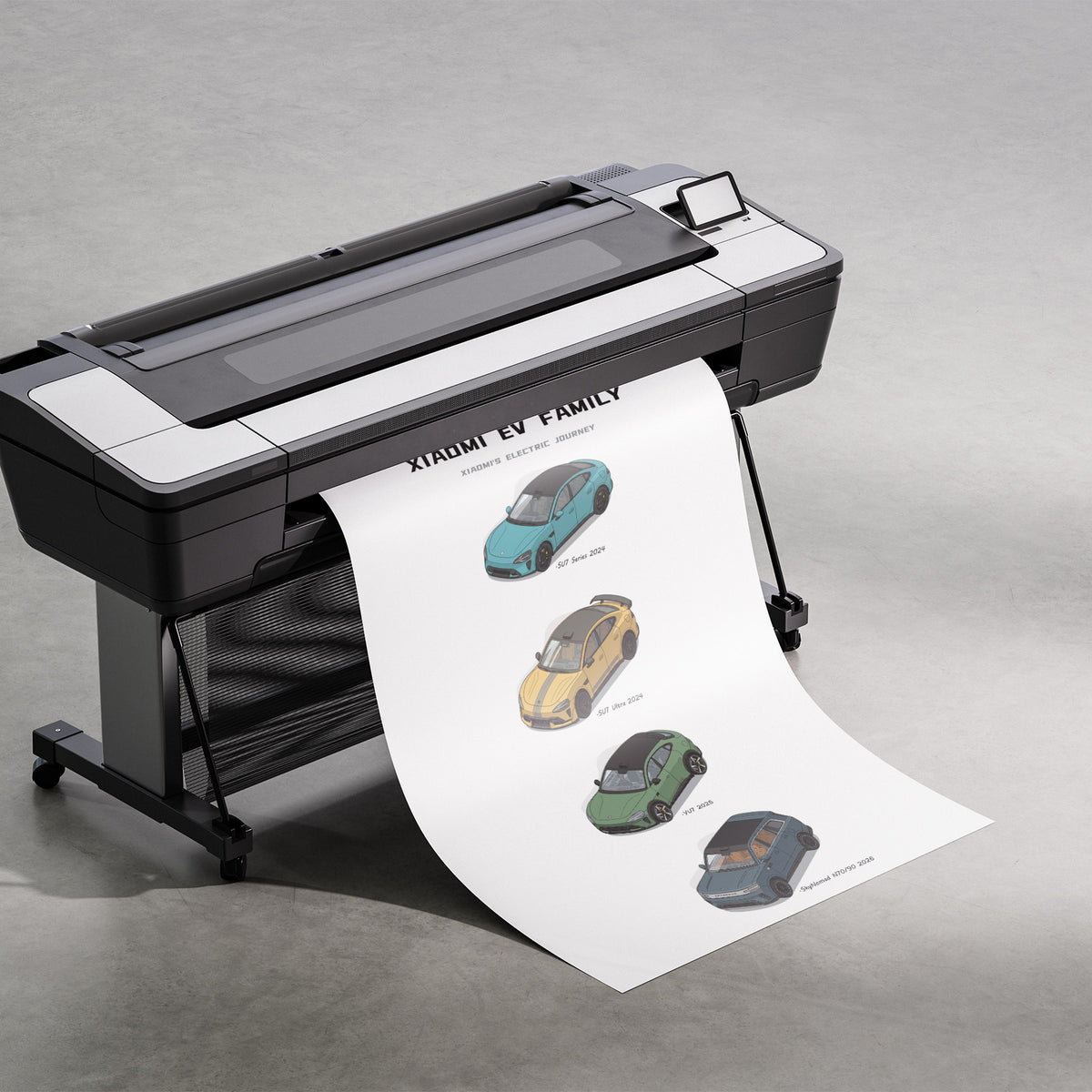 A large black and white industrial printer on a stand, printing and releasing a long white sheet of paper featuring illustrated cars and the text 'Xiaomi EV Family'.
