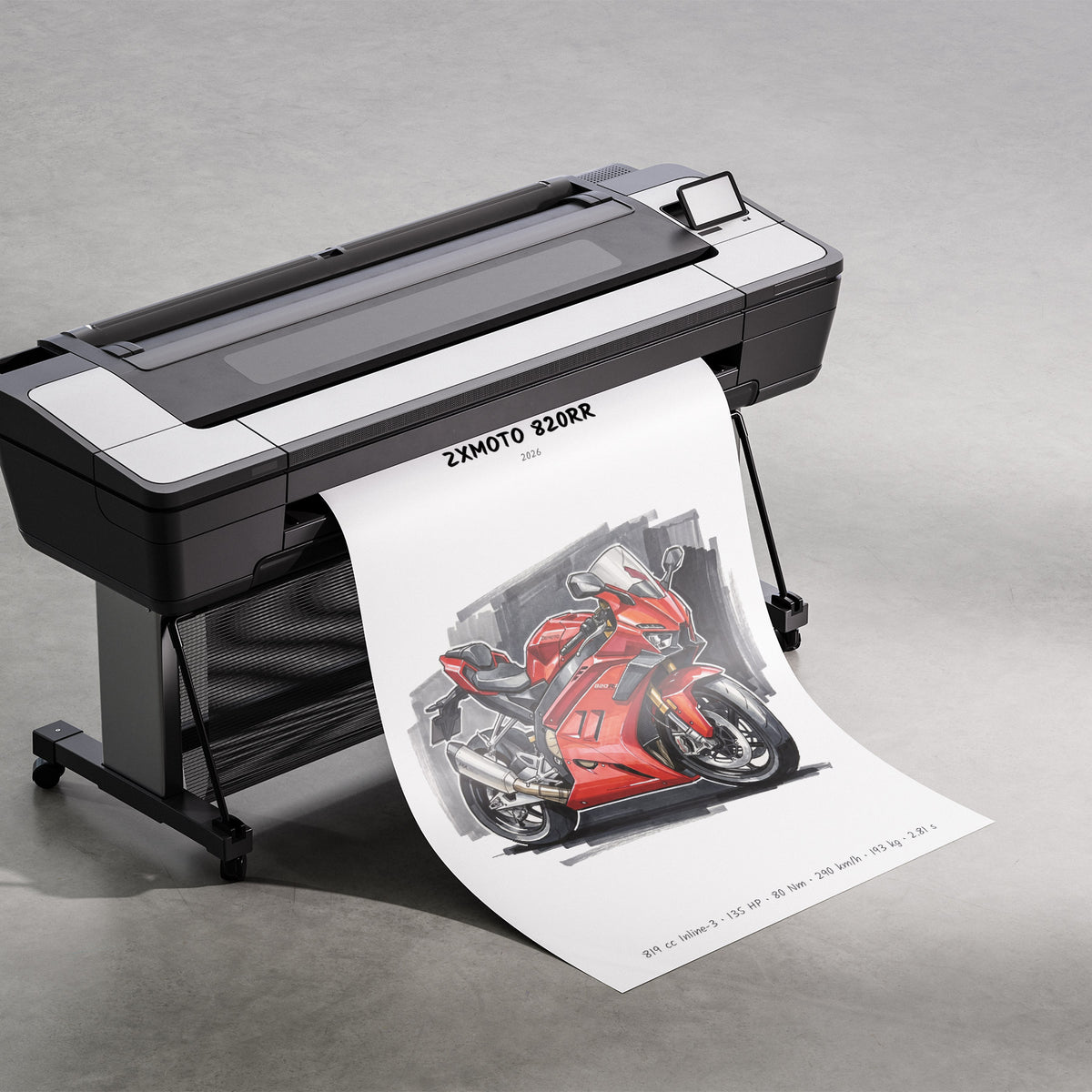 A large-format black and white printer on a stand, printing a detailed red motorcycle poster. The printer model 'ZXMOTO 820RR' is visible on the paper.
