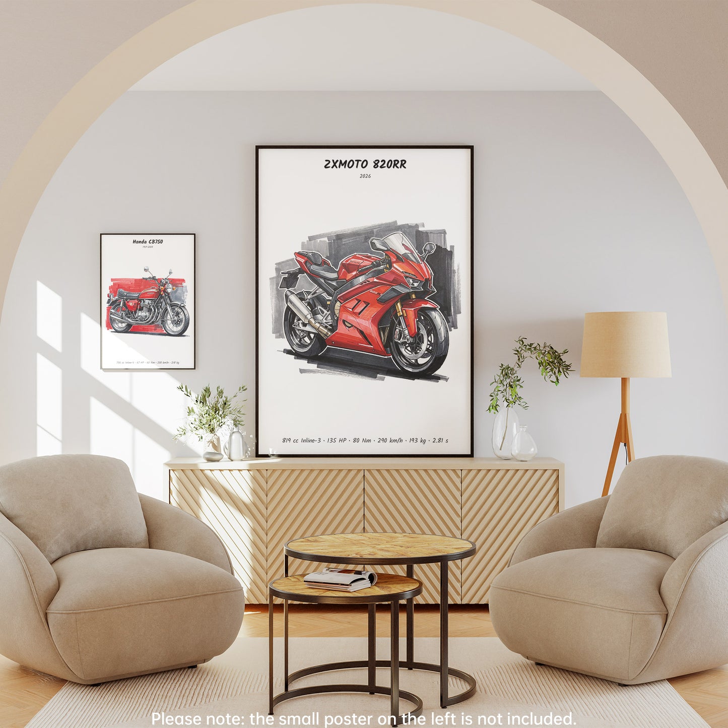 A framed art print of a red sportbike, model ZXMOTO 820RR, displayed in a modern living room setting with two beige armchairs, a wooden sideboard, and a floor lamp.
